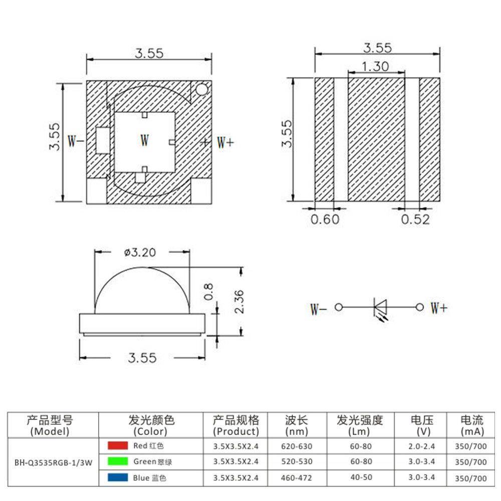3535球头全彩1L3535球头ED贴片W灯珠发光二级管大功率0.5W-W-3源