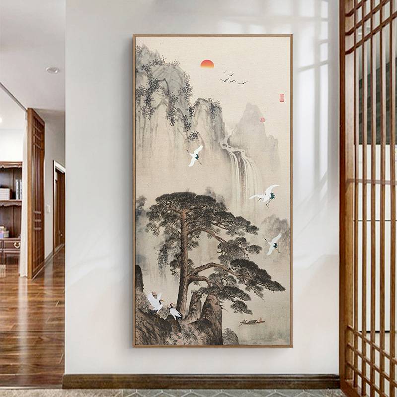 松鹤长春新中式玄关装饰画竖版大气风水招财迎客松挂画办公室走廊
