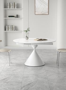 尔餐华桌奶兹油风纯白色哑光两岩板餐桌旋转TFJ伸缩折叠方变圆用