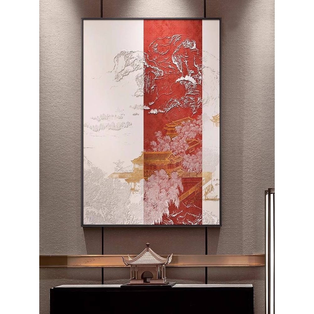 入户玄关立体浮雕挂画酒店过道壁画新中式山水楼阁高档大气装饰画图片