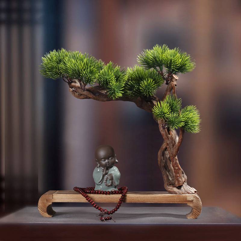 新中式木头工艺品创意木制装饰禅意小和尚摆件客厅玄关茶几迎客松