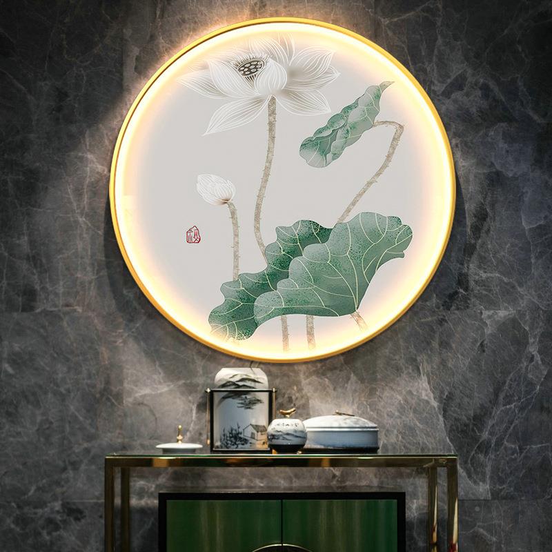 荷花花圆形玄关装饰画带发新光中式LIX客厅茶室走廊莲l灯ed壁灯挂