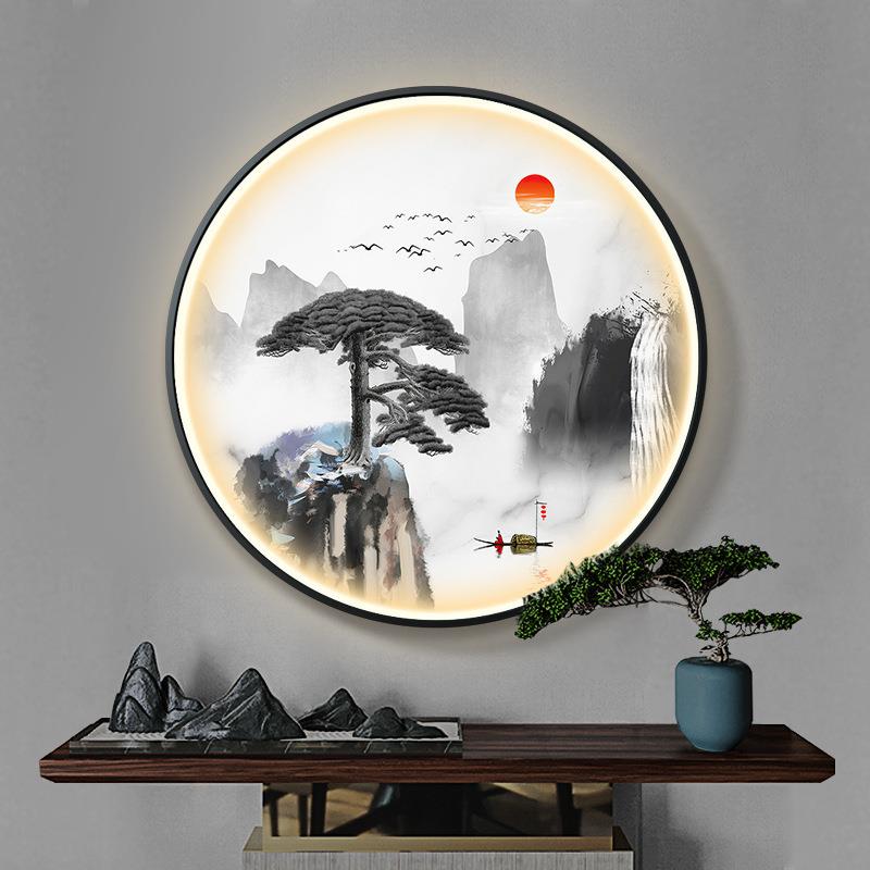 迎客松式新中玄关装LYI饰画圆形灯画入进门水墨客厅走户廊过道挂