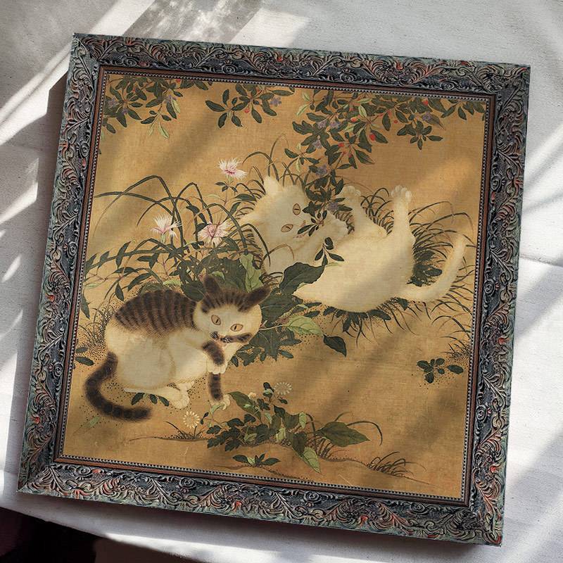 新中式嬉春图复古猫咪实木外框节庆风装饰画卧室壁画玄关挂画图片