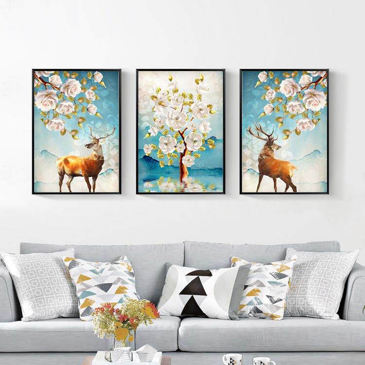 钻石2018新款麋画鹿玫瑰花发财树三联画满点钻字SXL绣客厅砖十钻