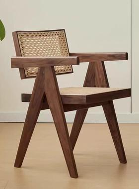 美黑胡桃木藤编椅中古昌迪43424加尔椅子家北用实休木闲风靠背扶