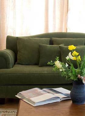 法式实木复古布艺沙发式代简灯约芯绒单三UDH客厅现组美合休闲沙