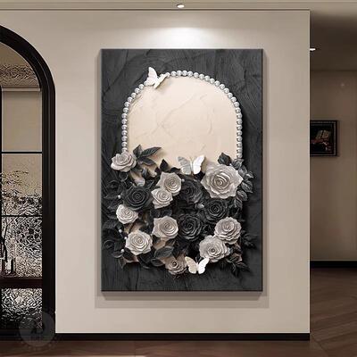 中古风黑白花卉ZA0510玄关装地饰画法式复古走廊挂雕画体浮立感客