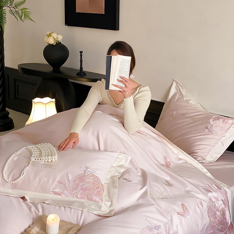 公主风床高套端10棉0S匹马棉全四件花卉刺绣被套HQC纯棉床品笠粉