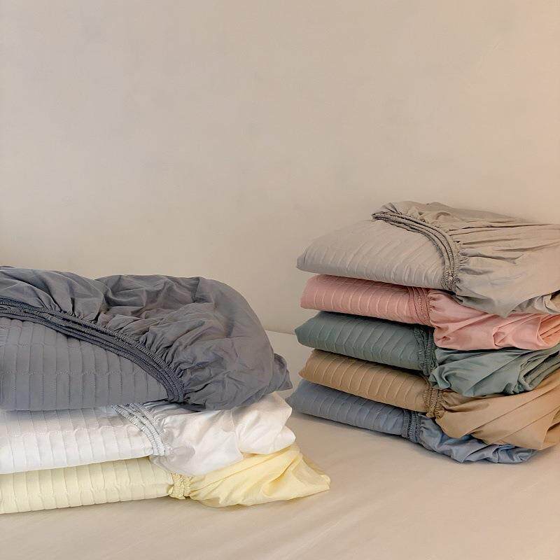 韩式博主风纯色直条绗缝夹棉加高床罩全棉全包围床垫保护套床笠++