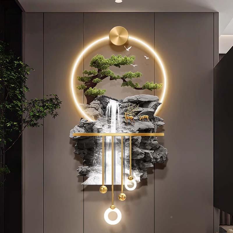 轻奢水生财进门正对墙壁画立体高档画发光流XDV玄关装饰走过道廊