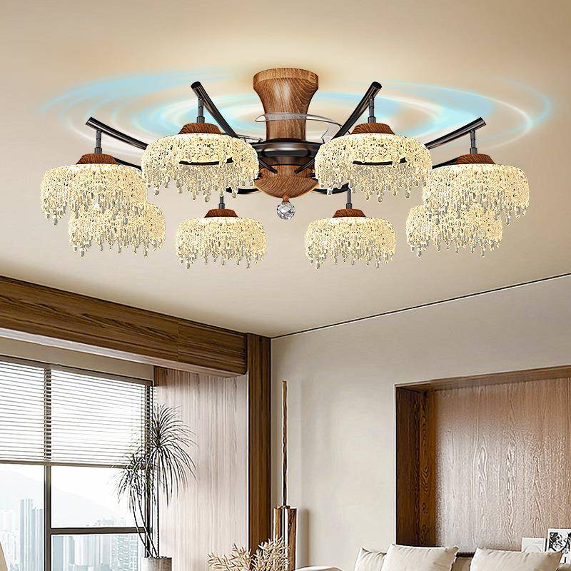 客厅风扇灯吊灯025年胡桃2中古风水晶奢华电扇吸顶灯全木灯屋JM50