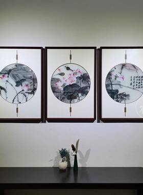 苏绣成品挂画透明丝布新刺绣式厅客餐厅VRT三联经典款中苏绣装饰