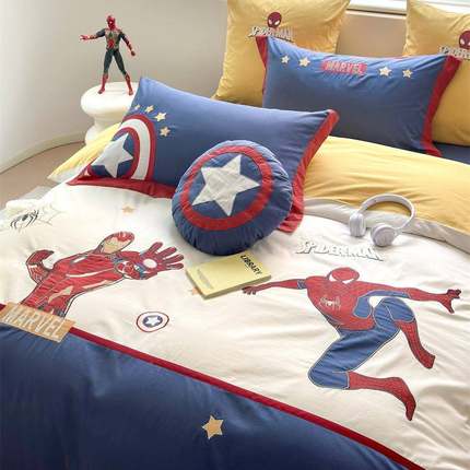 男孩子卡水通全蛛棉洗棉YUM四件套蜘侠刺绣纯棉被套儿童床单上床