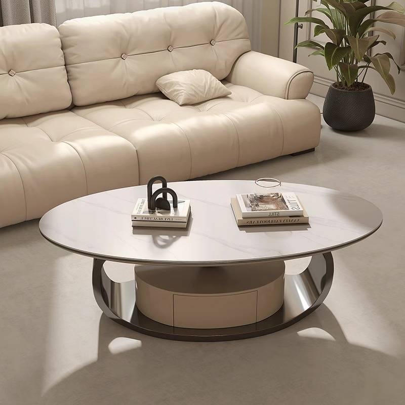 意式新款茶几桌现代简约家用客厅小户型轻奢不锈钢椭圆形岩板茶几