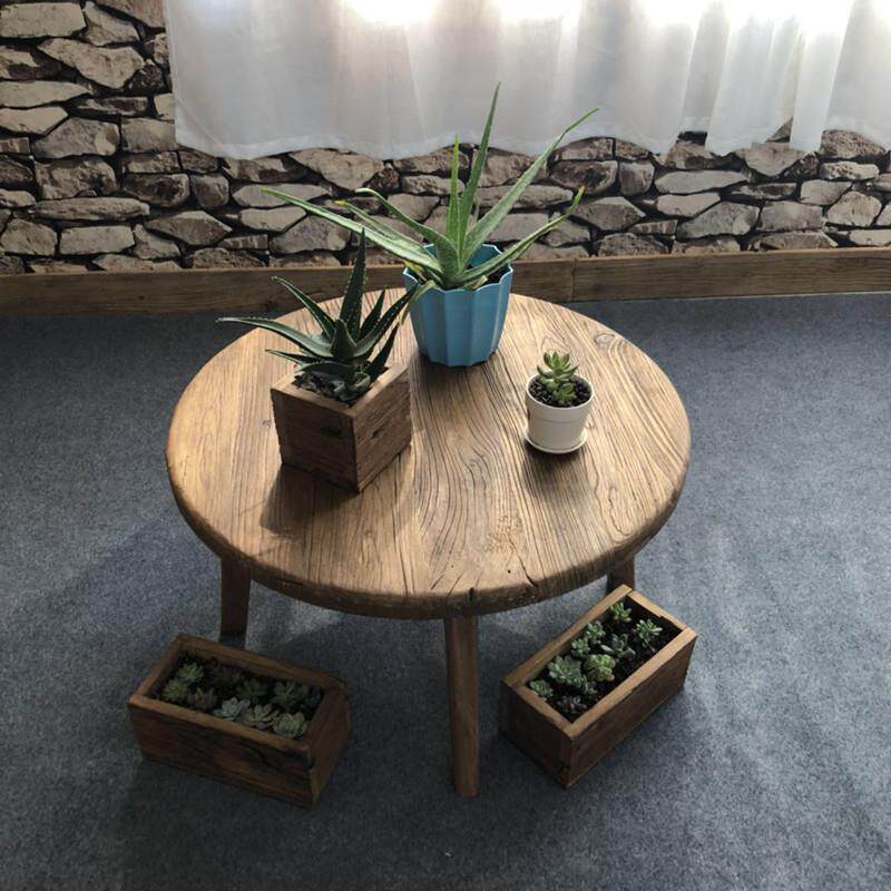 风实木圆桌旧门板老围炉151茶台榆茶木榆木茶桌老木门门板化煮矮