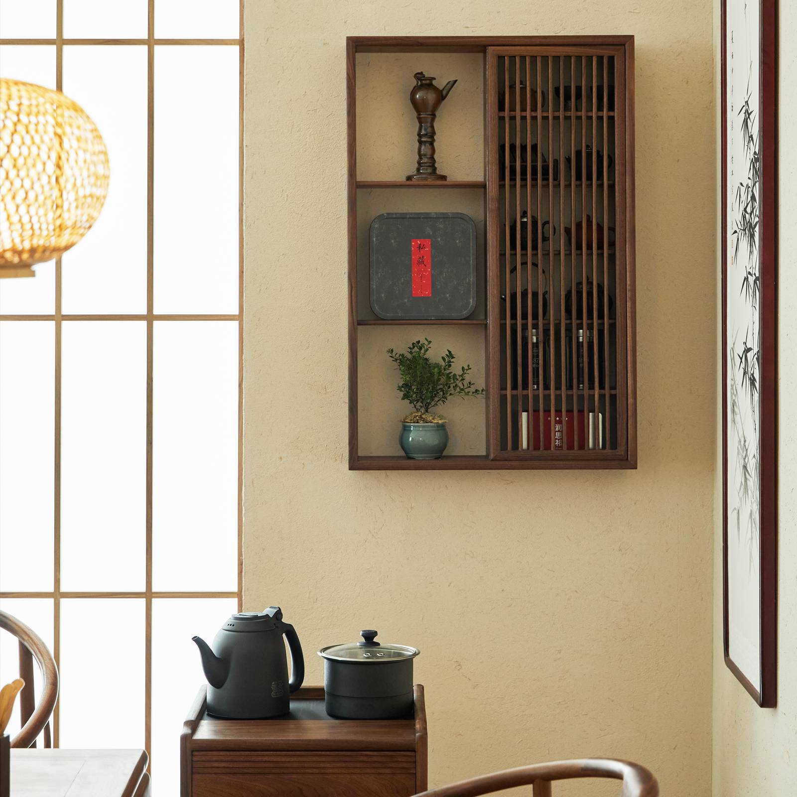 新中式黑胡桃木实木壁挂博古架多宝阁茶具收纳展示置物挂墙格子架