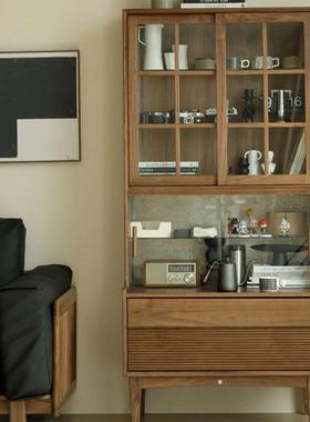 厅黑胡桃木实木书柜客储物玻璃展示门柜参边柜复古柜沙发XWC边柜