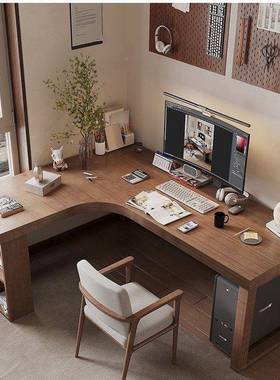 L型转角学书桌家用电桌脑书架卧TIJ一体拐角习桌椅实木办公桌室靠