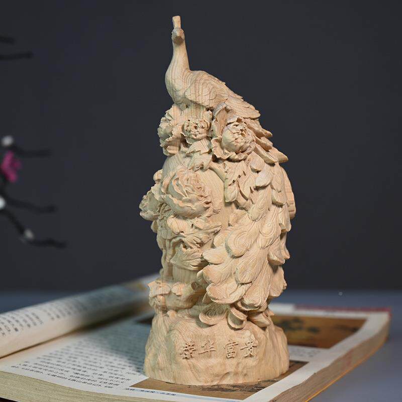 小实叶黄件杨木雕刻雀桌面孔摆客厅装饰品TJ摆饰木雕刻木质工艺品