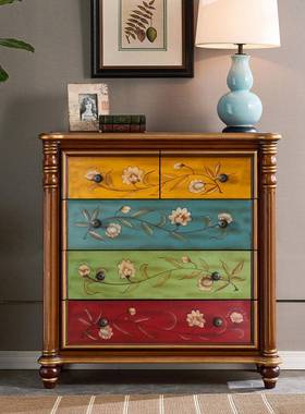 美式绘实木头斗柜床柜关柜欧式MZO五斗玄柜收彩纳柜田园卧室高柜
