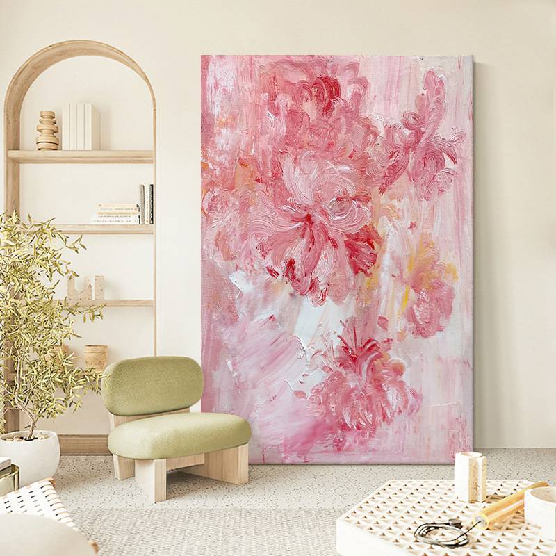 顺丰抽象牡丹花纯手绘油画奶油风玄关装饰画客厅餐厅粉色花卉肌理图片