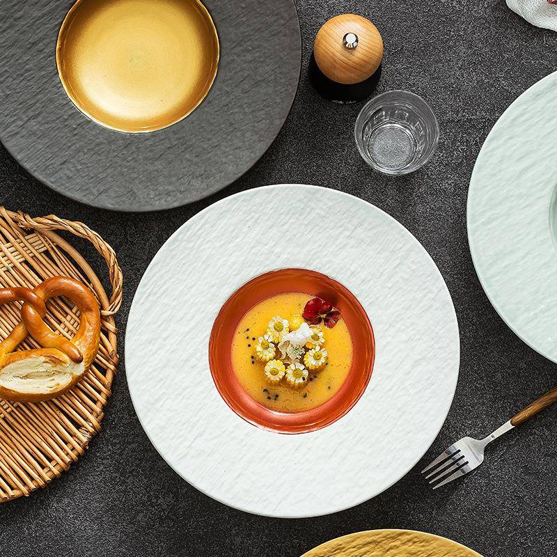 意彩金石瓷纹QD-413草帽盘餐厅意面盘新款甜盘酒店西餐品盘创轻奢