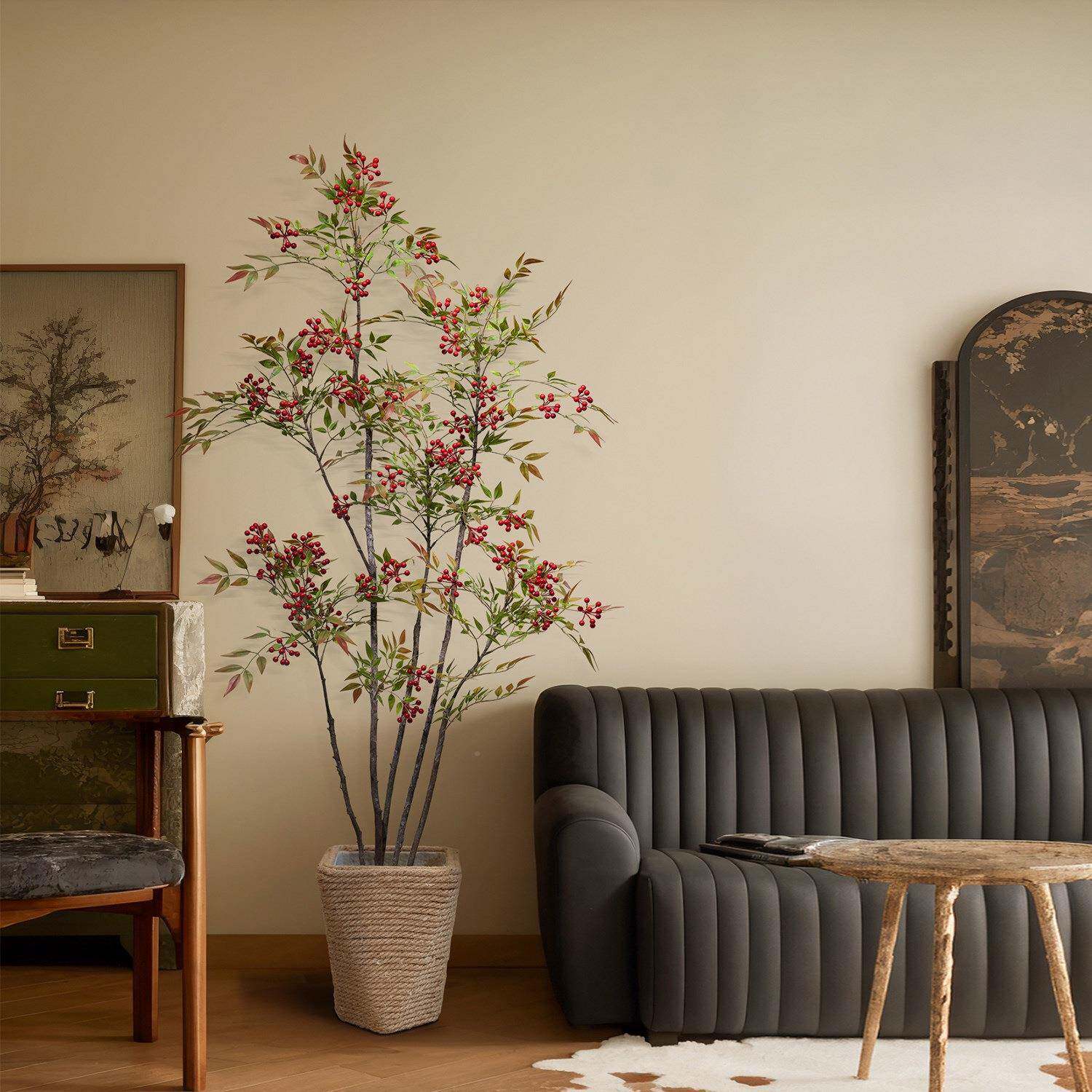 假花绿仿真摆设感真南天竹发花财果落发财南天地假树植逼装饰