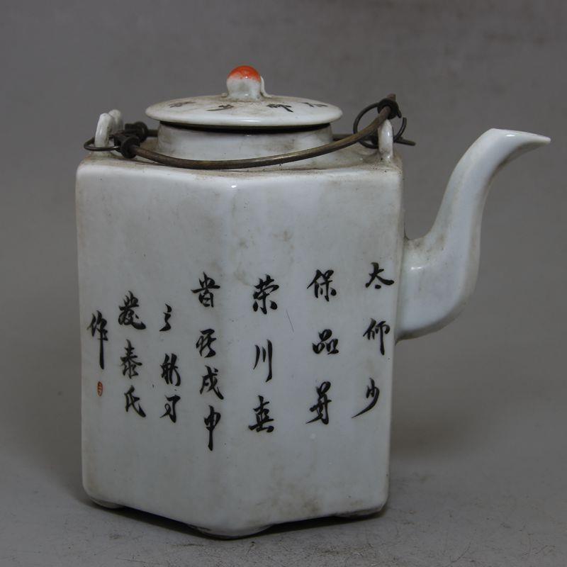 绘古玩收藏少复YX-9-19-古做旧彩手绘红色狮子器太师保六边瓷瓷壶