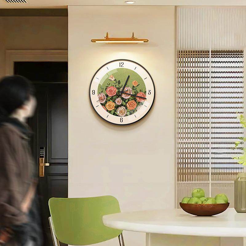 油风厅钟装饰画CT-20250玫瑰花卉家用奶静音钟表客挂厅艺术餐创意