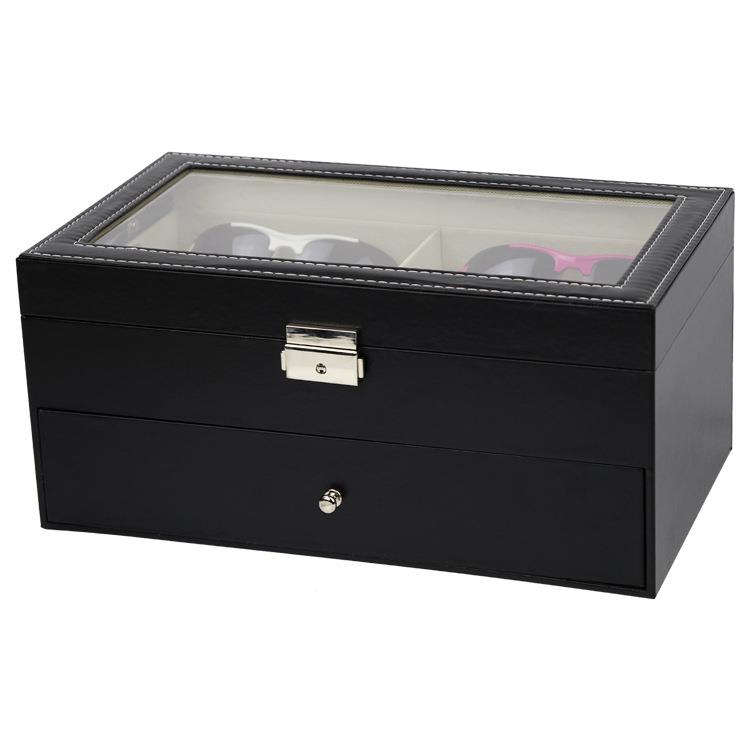 双层眼盒现黑色1VHV2镜P格U皮货太阳镜盒皮革展示盒厂家