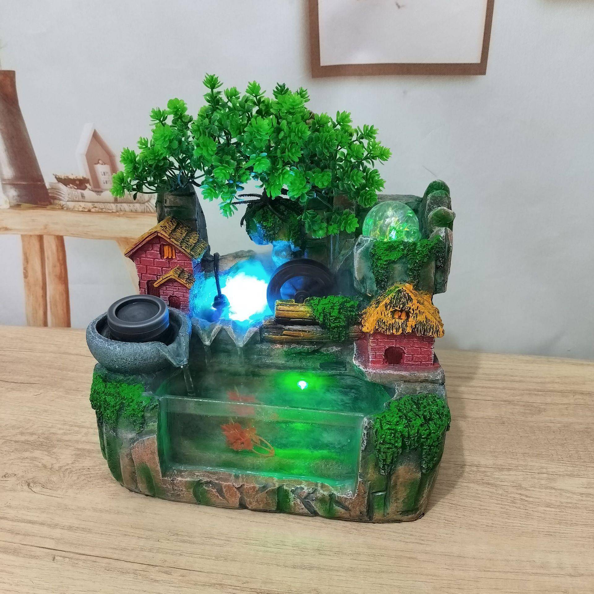 树脂山水喷泉假风水轮创意加湿器室内装饰桌面风流水轮水LUO摆景