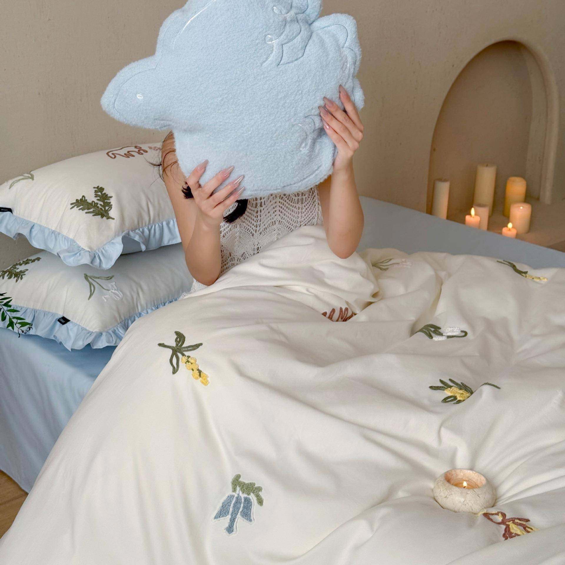 2件025新款秋冬款00S全棉纯磨毛毛1巾绣四件套加厚床上用高级感10