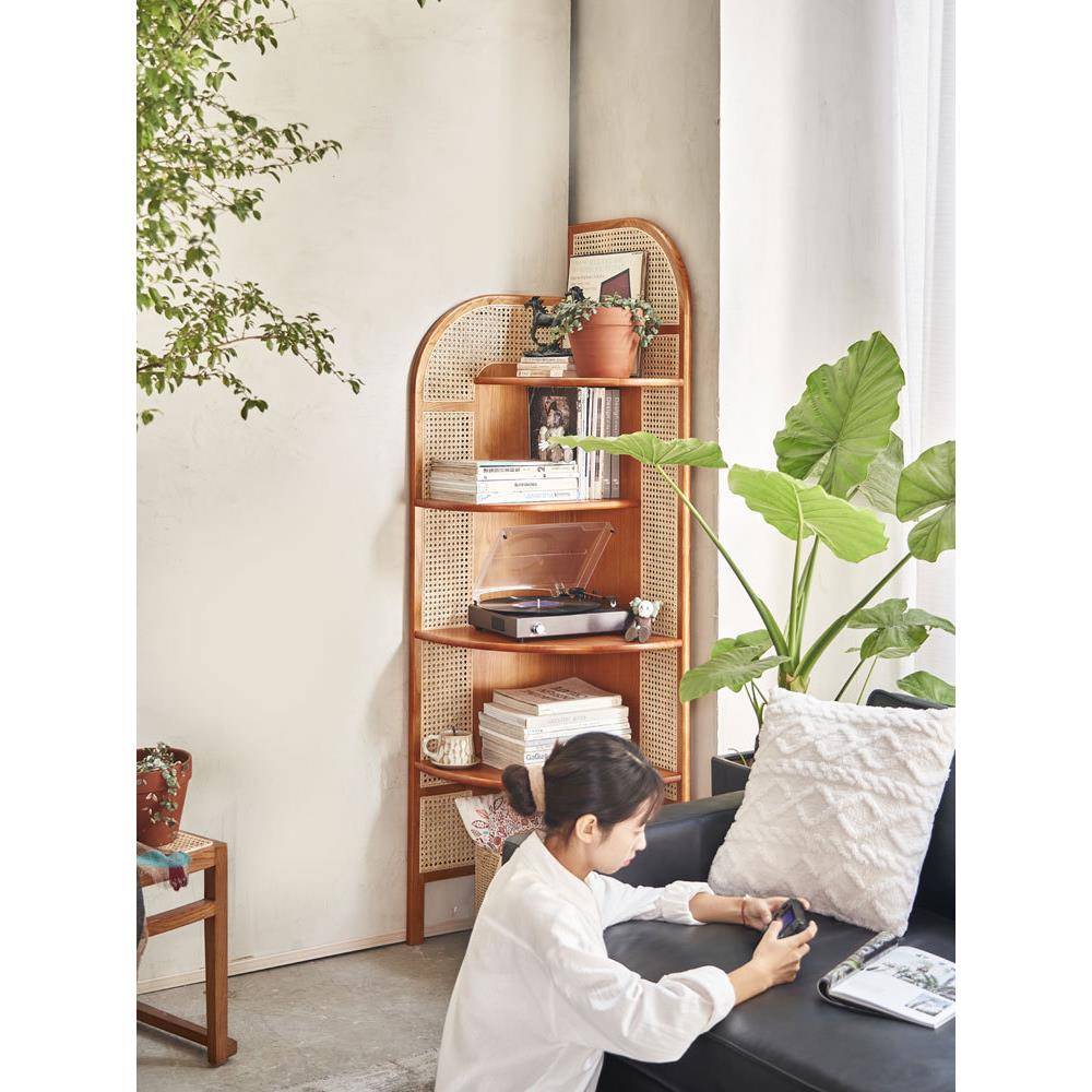 厅客F96787H7可移动小户型藤编复古日式角实木角柜地书架卧室置物