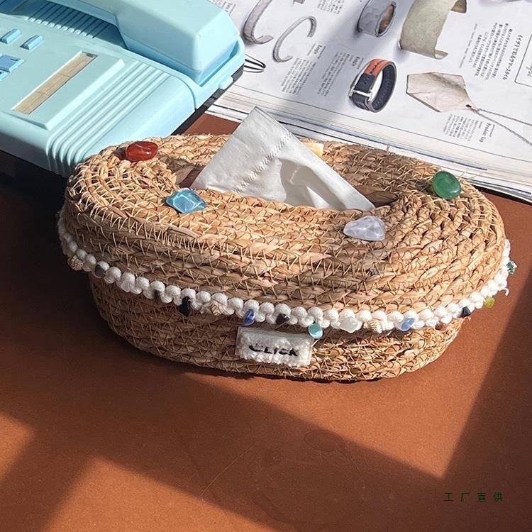 手风工草编纸巾收985纳盒点天然石草编织筐桌面海洋贝壳头缀