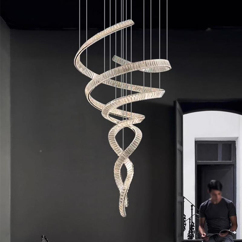 个复式楼大吊灯挑别墅空间客厅灯轻奢酒店303工程水晶灯飘带性楼