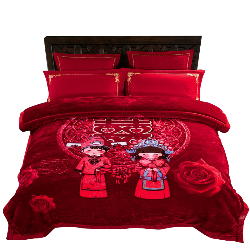 婚庆拉舍尔毛毯双层加厚云毯冬季大红色盖毯结婚毯子床上用品被子