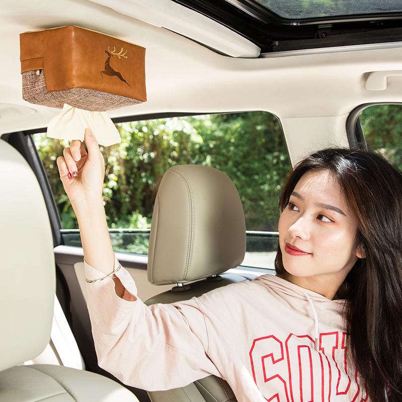 亚麻皮鹿革创意车载强磁吸顶纸巾盒磁汽车用品吸顶车用抽纸皮革鹿