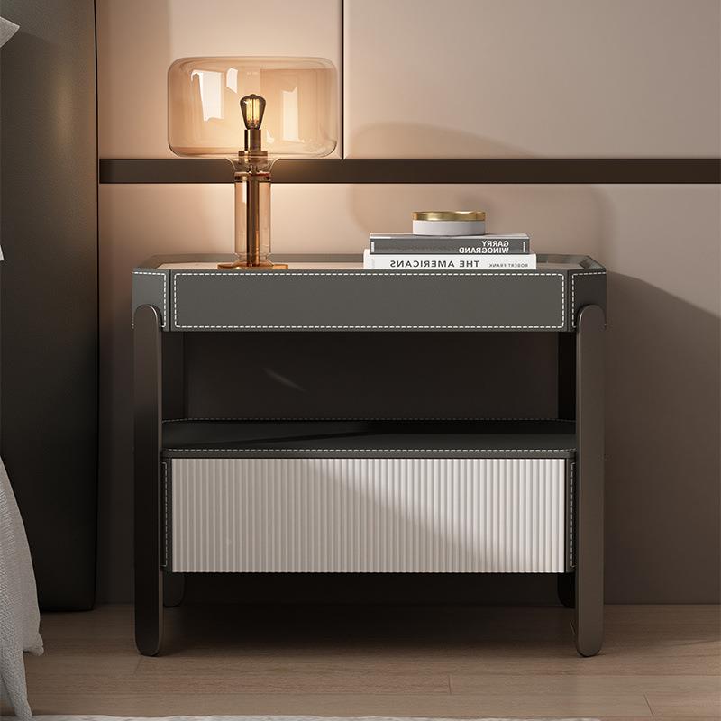 202意5新款马鞍皮奢床柜平头替收纳1盒轻主卧简约现代实木创小边