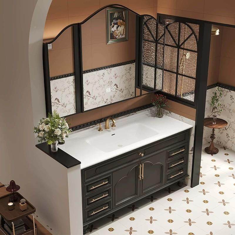 法式复古橡合浴室柜组落地式岩板热弯一体木盆洗洗漱84027台手池