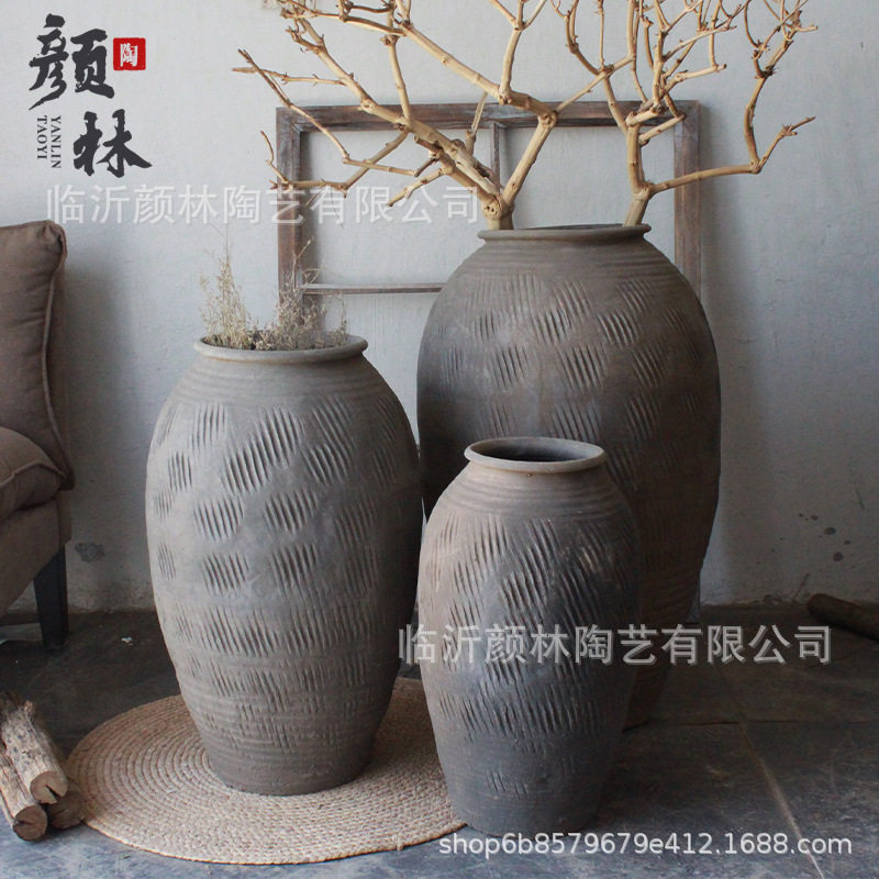 复古仛寂灰系粗陶瘦高花瓶