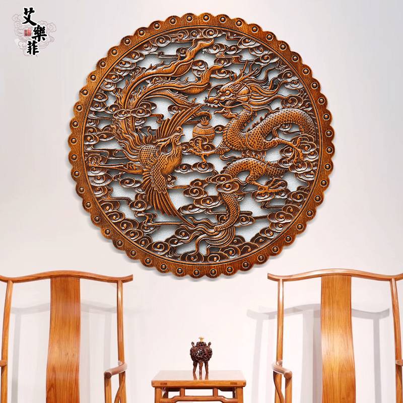 东阳木雕圆形香樟木雕刻工艺玄关客厅中式仿古装修壁饰挂件双龙凤
