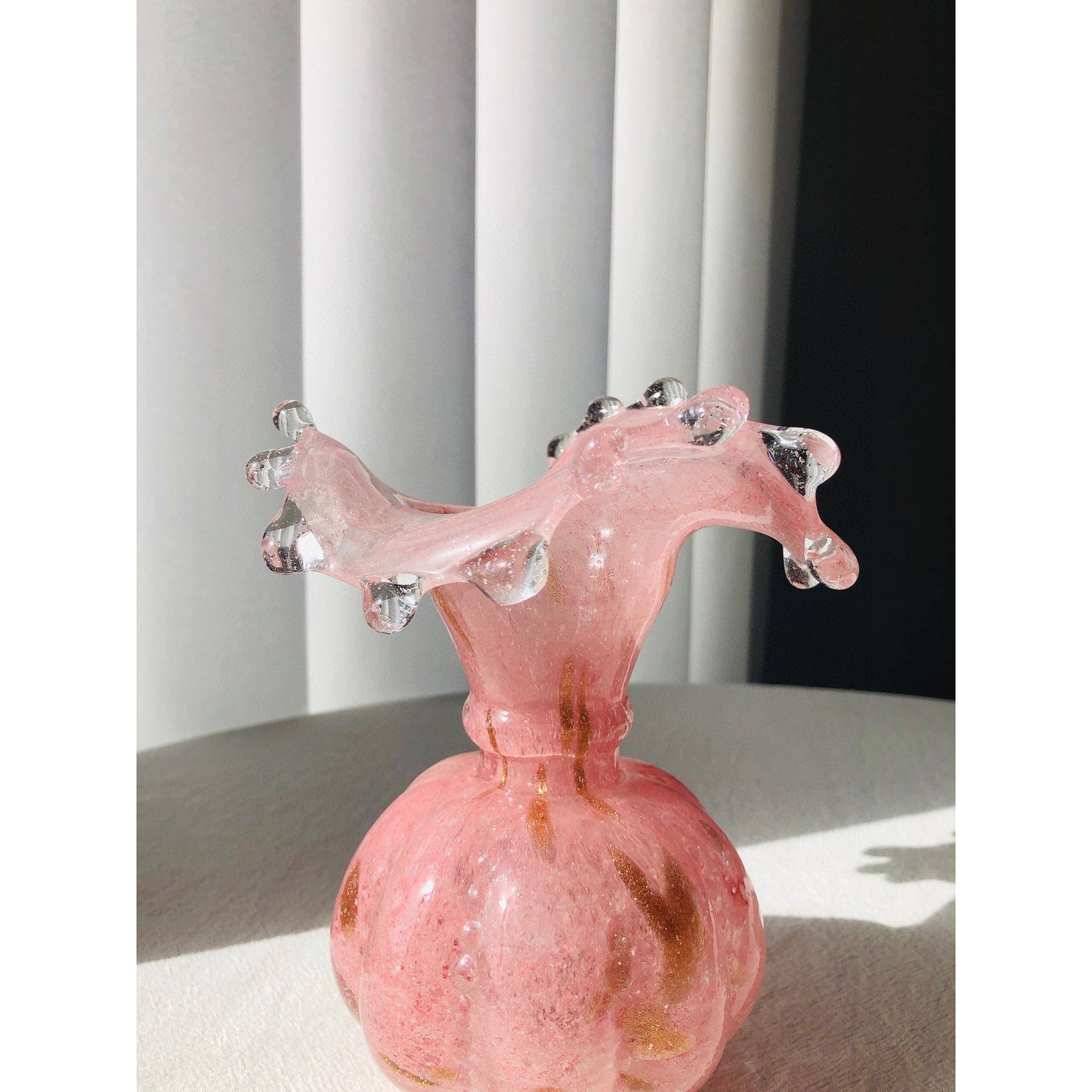 中古玻璃花瓶温柔水滴顿雾1粉洒芬金肌理小众复工琉璃花古手器插