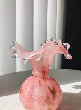 中古玻璃花瓶温柔水滴顿雾1粉洒芬金肌理小众复工琉璃花古手器插