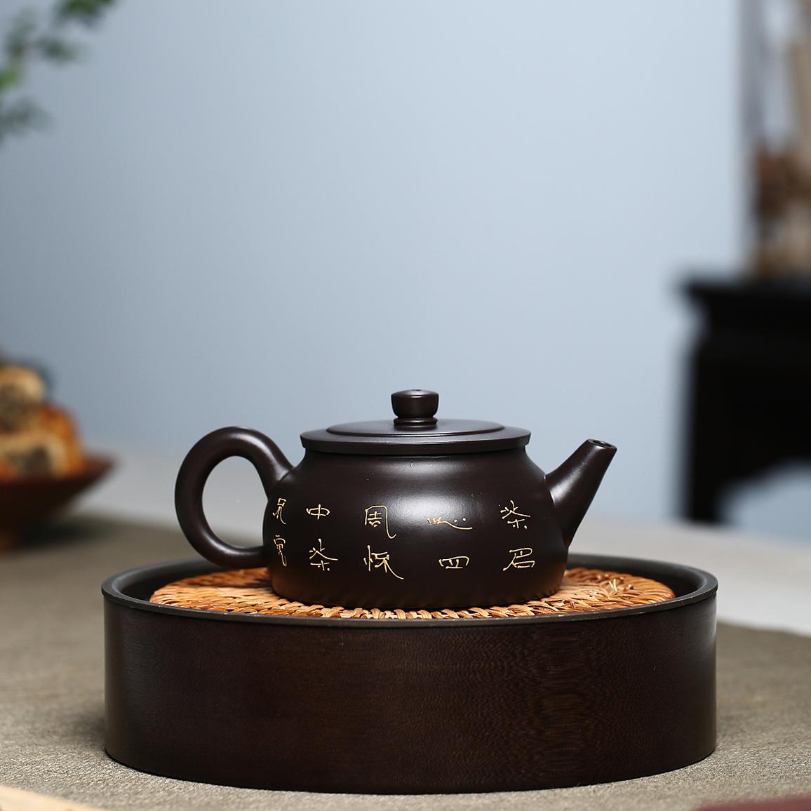 原矿黑朱泥玉具梢头纯手工泥绘暗迎春紫CH-0634砂香壶宜兴茶源厂