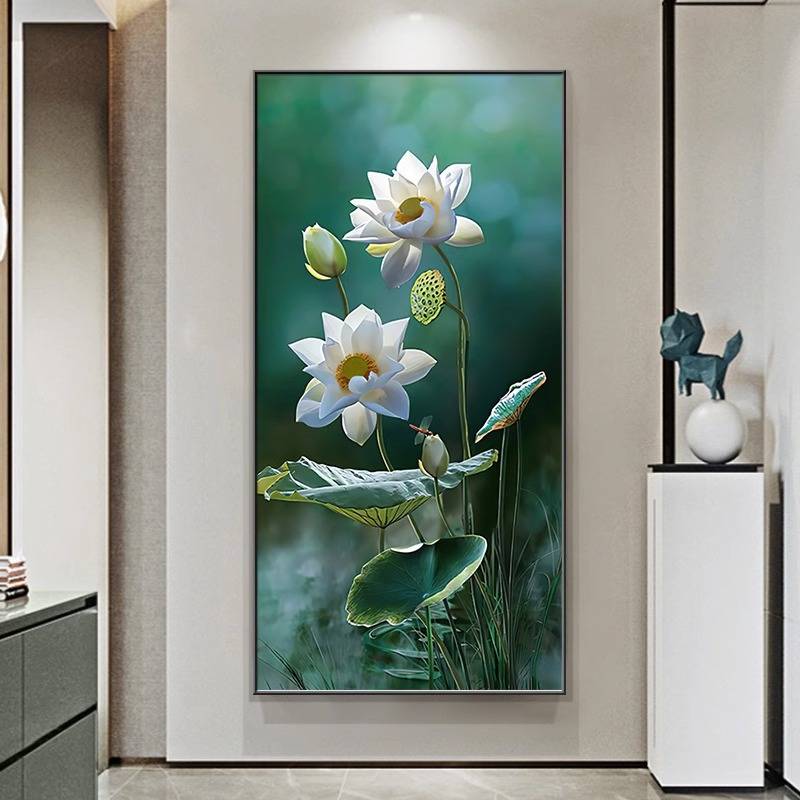 荷花荷叶入户玄关装饰画现代简约走廊过道挂画客厅花卉竖版壁画图片