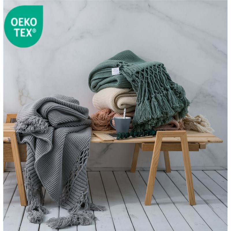 乔伊美式风格手工针织线毯 沙发午睡空调盖毯拍照道具 流苏毛毯子