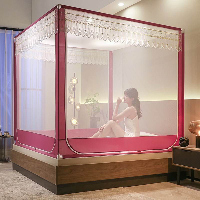 夏季新款宝宝防摔蒙古包蚊帐卧室坐床式外穿杆方顶全底文帐