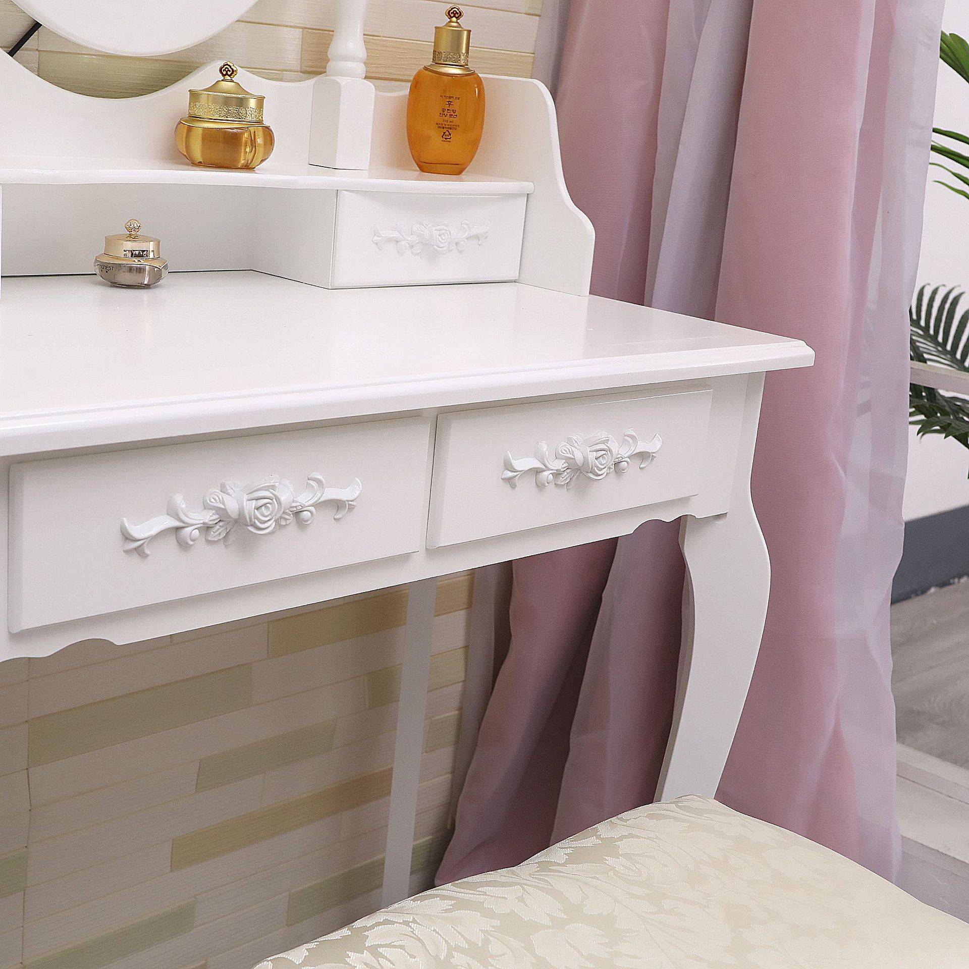 现代简约实木单镜化妆桌 欧式带灯五抽梳妆台卧室化妆桌 梳妆凳