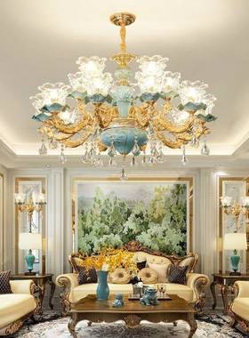 式吊灯客厅灯现厅代简约餐灯欧法式蓝色陶瓷吊灯网卧室红水晶QRO